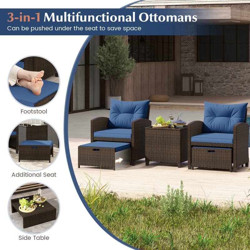 Gymax 5 CS Rattan Furniture w/ & Tempered Glass & 2 Ottomans Coffee