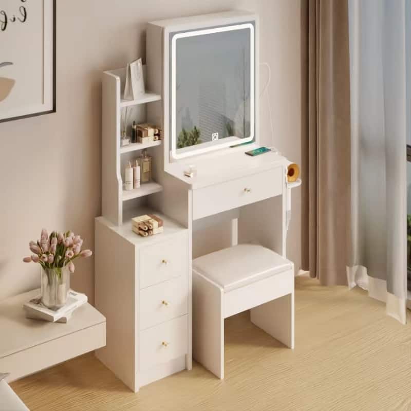 Vanity Table with USB ports,Hair dryer bracket and Sliding LED Mirror