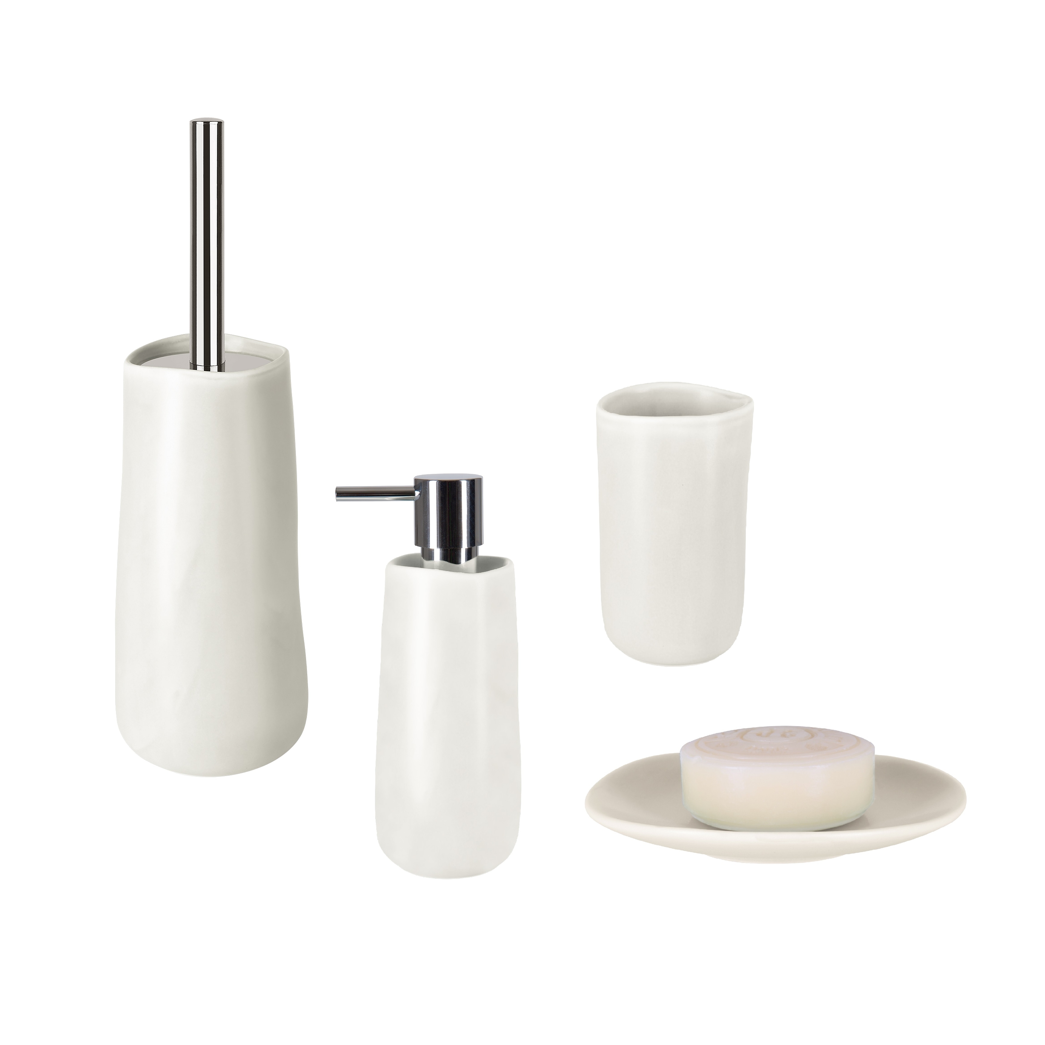 Set 4 Piece Silver & White Damask Ceramic Bathroom Accessories With Chrome Pump 