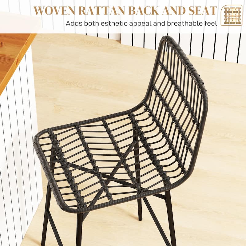 HOMCOM Rattan Counter Height Bar Stools Set of 2, 26" Wicker Barstools with Back, Modern Bar Chairs for Kitchen Island, Black
