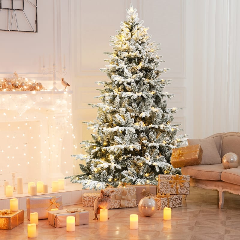 Gymax 4.5/6/7ft Snow Flocked Decoration Christmas Tree w/LED Lights & - 7 Foot