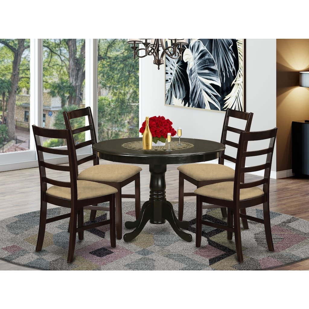 Kitchen Table Set for 4 - 5 Piece Dining Set with Round Table & Linen Chairs - Art Deco Style