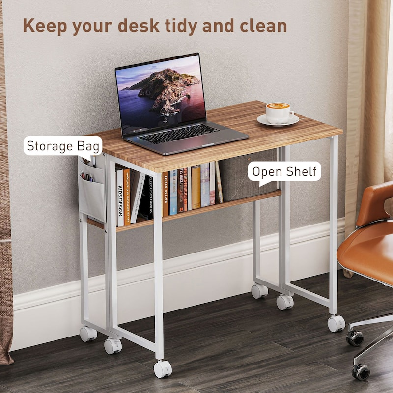 Mobile Foldable Desk with Storage Shelf and Drop-Leaf Design for Narrow Spaces and Home or Office