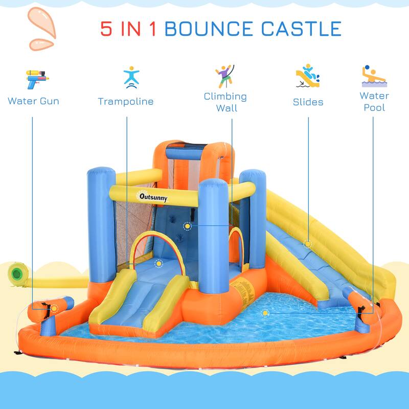 Inflatable Water Slide Bounce House with Blower, Kids Outdoor Bouncy Castle with Pool, Slide, Climbing Wall & Water Guns
