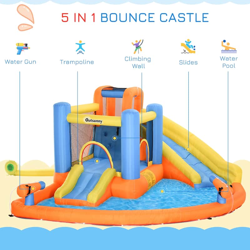 Outsunny Kids Inflatable Water Slide 5-in-1 Bounce House Water Park Jumping Castle with Water Pool, Slide, Climbing Walls