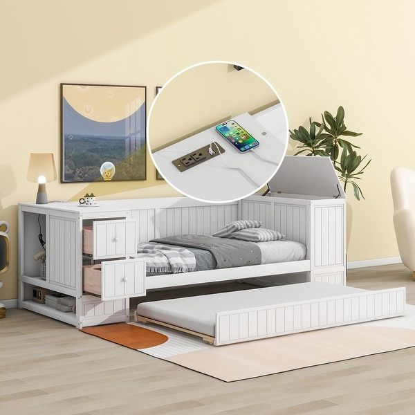Twin Size Daybed with Trundle Wood Daybed with Storage Arms and