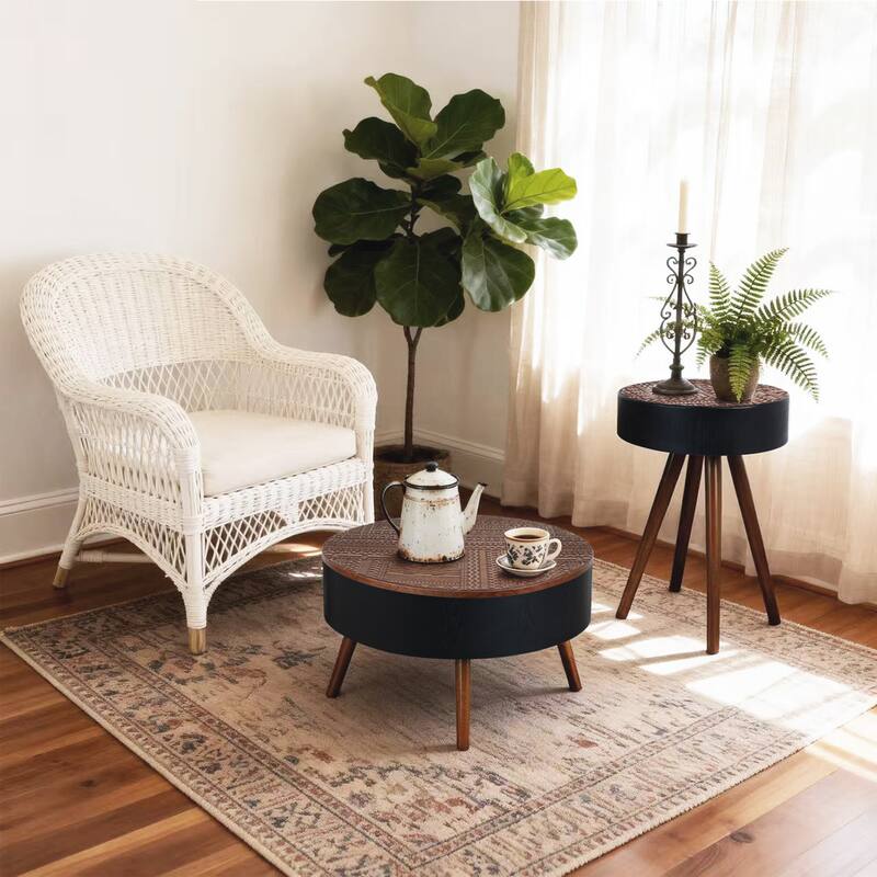 GDFStudio Veyrion Carved Round Coffee Table with Storage and Mid-Century Modern Design