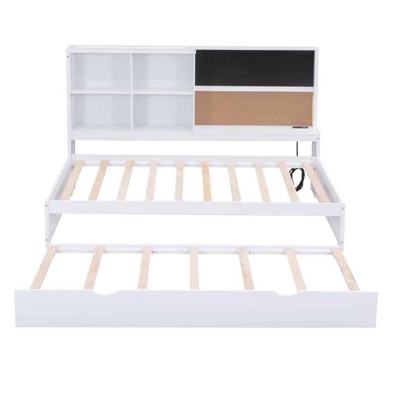 Full Size Wood Daybed with Storage Shelves, Blackboard, Cork Board, USB Charging Ports, and Trundle