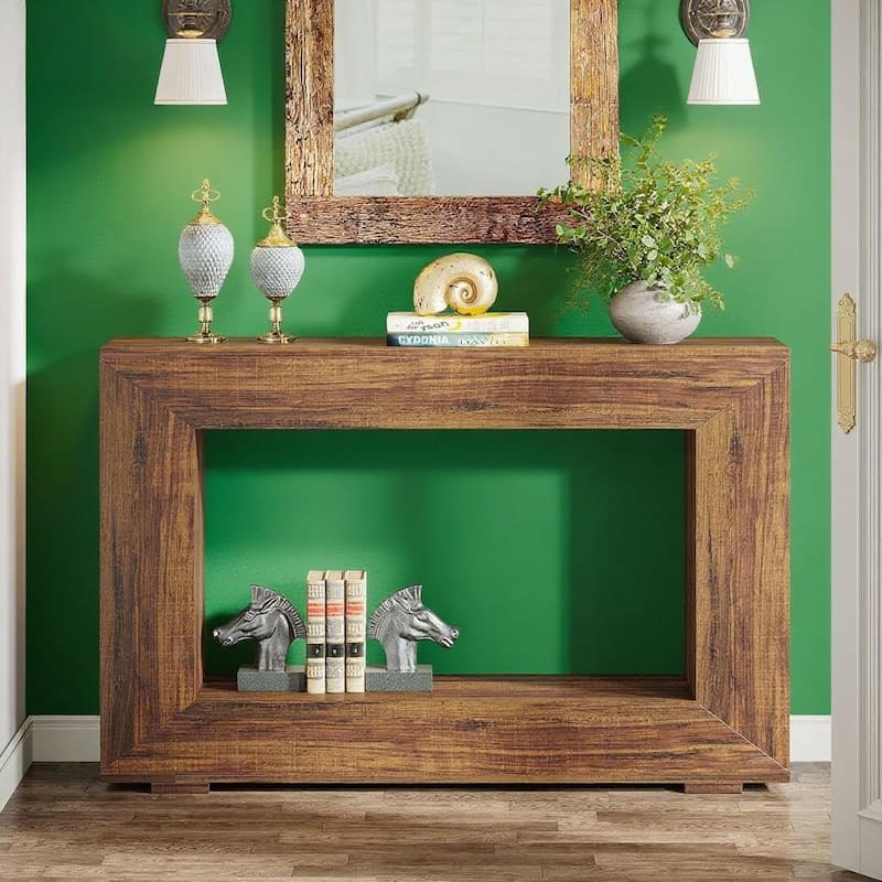 Brown Wood Grain Console Table with Particleboard and Rustic Farmhouse Style - 47.24” L x 11.81” W x 32.87” H