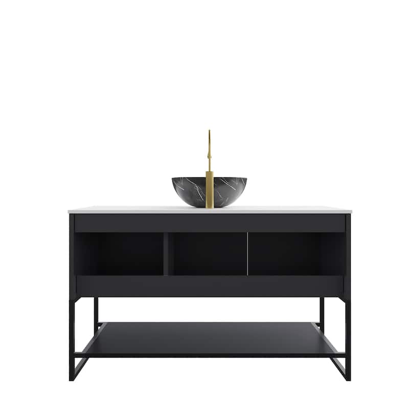 Freestanding Bathroom Vanity with Open Shelf, Black Stone Pattern Bowl Ceramic Basin and Carrara White Sintered Stone Countertop