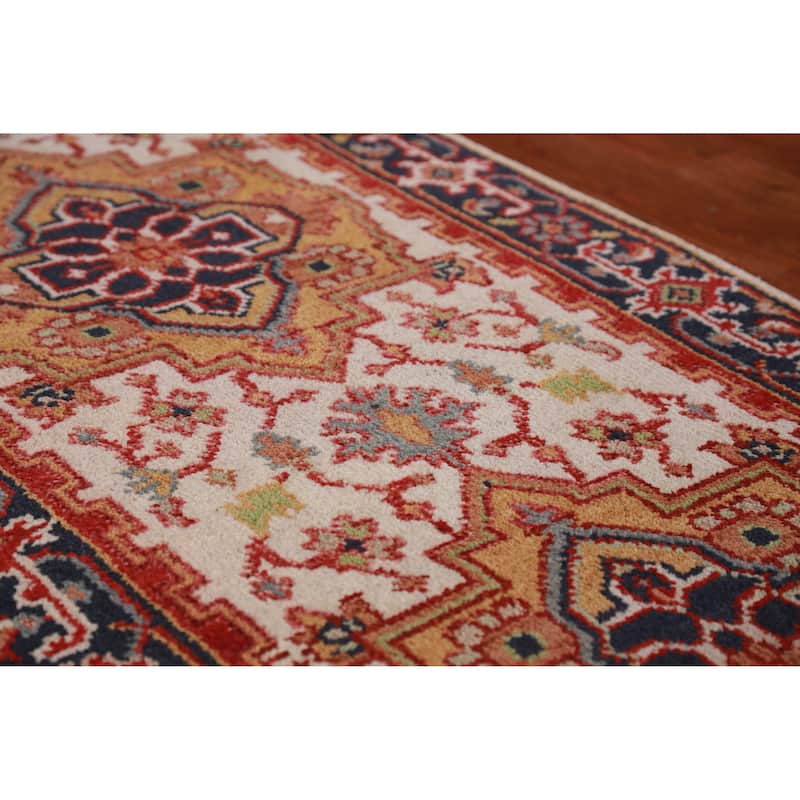 Hand Knotted Oriental 100% Wool Carpet Traditional Geometric Beige & Ivories Heriz (serapi) Runner Rug - 8' 0'' X 2' 5''