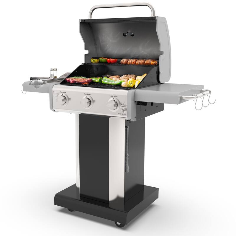 Kenmore 3-Burner Propane Gas Grill with Foldable Side Shelves - Black