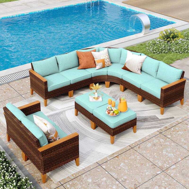 12-Seat Outdoor Wicker Half-Round Furniture Set, Half-Moon Sectional Sofa All Weather Curved Conversation Set - 10-Seat - Type K