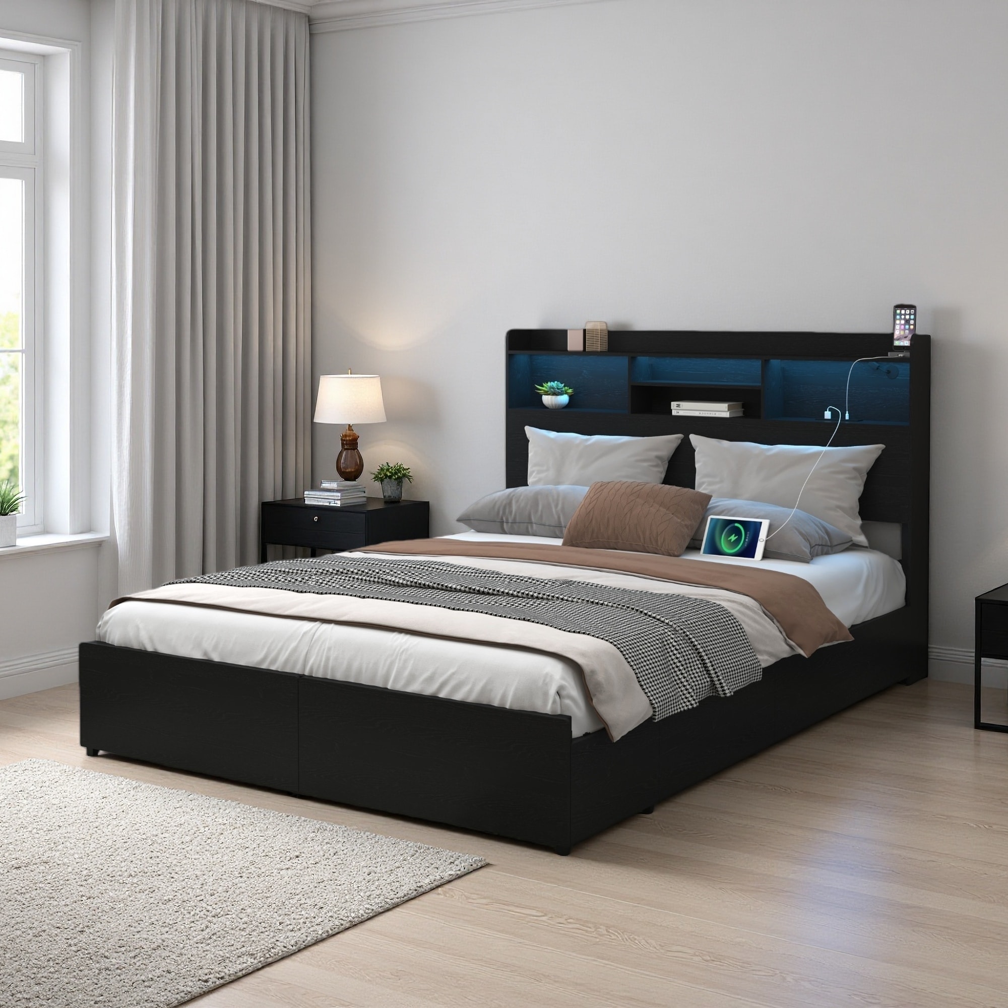 Queen Size Bed Frame with 6 Storage Drawers, Headboard & Storage Shelf, LED & Charging Station, No Noise, Sturdy Metal Frame