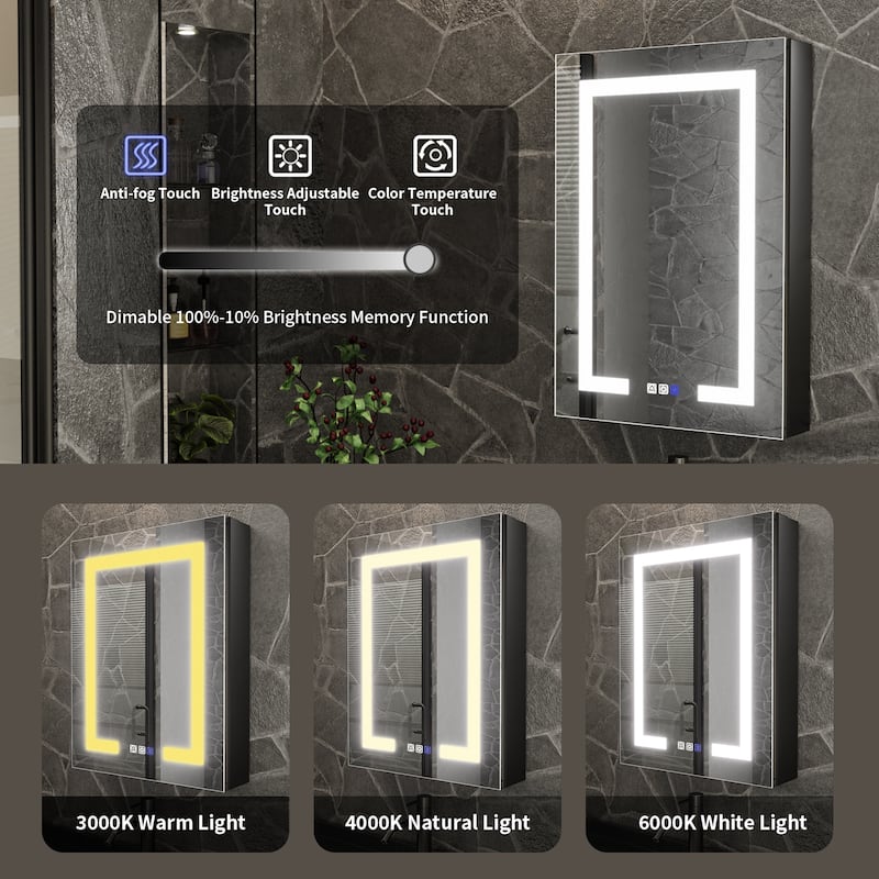 ExBrite 20" x 30" LED Lighted Bathroom Medicine Cabinet with Mirror,Recessed or Surface Mount,Defog