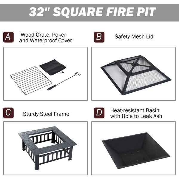 Outsunny 32 Steel Square Outdoor Patio Wood Burning Fire Pit Table Top Set Overstock 17990782