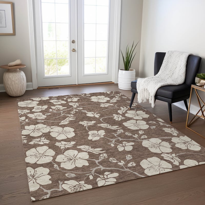 Machine Washable Indoor/ Outdoor Calm Floral Chantille Rug - Brown - 2'6" x 3'10"