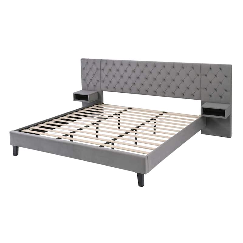 Modern Velvet Upholstered Platform Bed with 2 Nightstands
