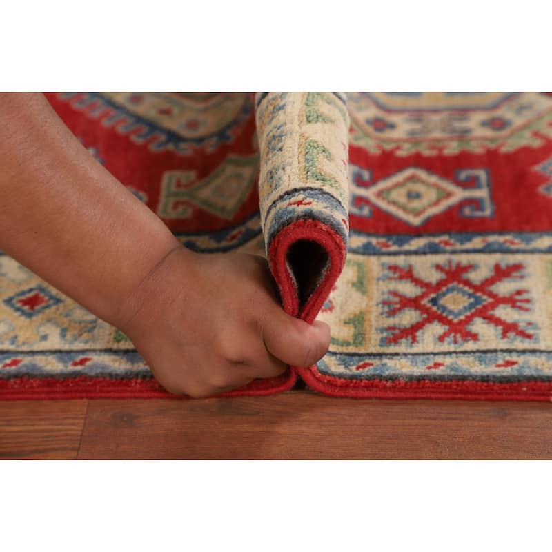 Geometric Kazak Oriental Accent Rug Handmade Red Wool Carpet - 3'5" x 4'11"