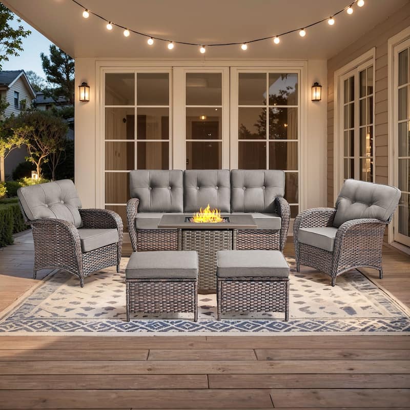 Pocassy Ooutdoor Fire Pit Table with Sofa Patio Chair Ottoman Set - Brown Wicker & Gray cushion