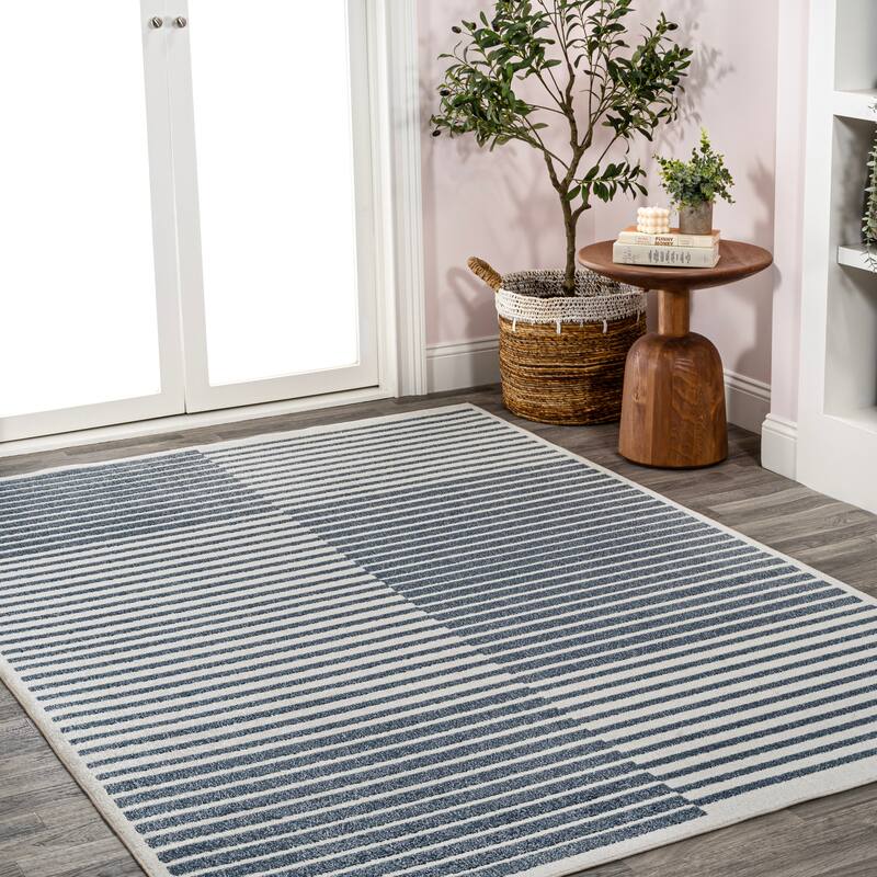 JONATHAN Y Slinger Minimalist Striped Plaid Machine-Washable Dark Gray/Cream Area Rug