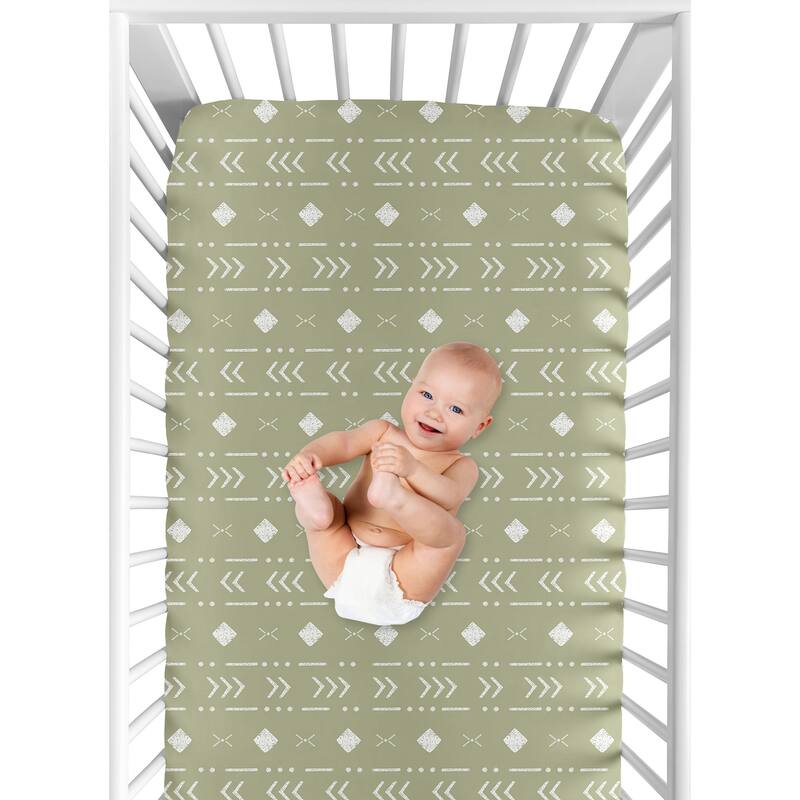 Sage Green Boho Tribal Mudcloth Boy or Girl Fitted Crib Sheet White