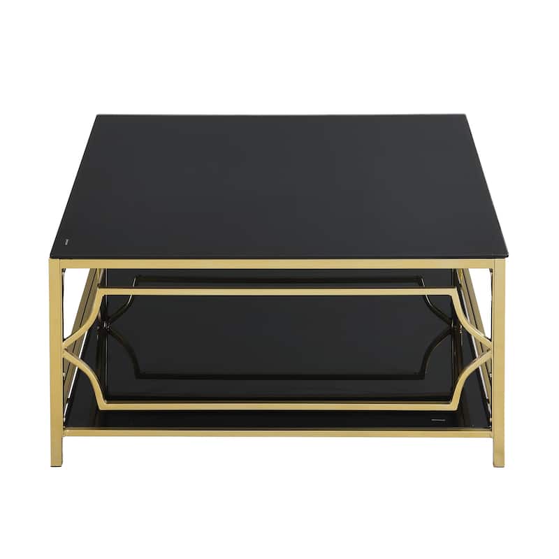 Square Glass Coffee Table in 33.5",Luxurious Geometric Metal Frame,Gold Finish & Lower Shelf