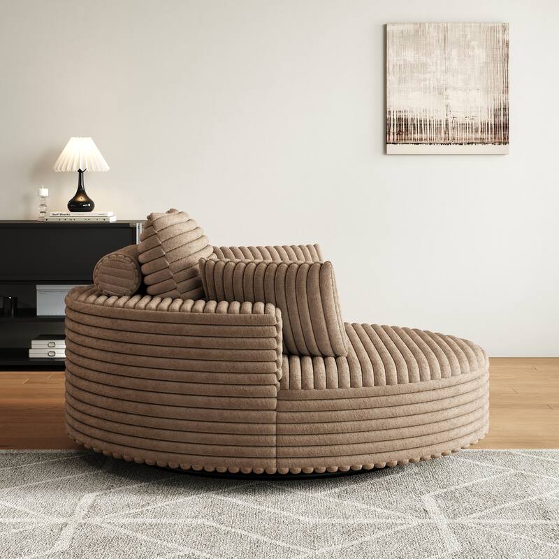 Oversized Swivel Accent Chair, Corduroy Round Lounge Sofa Chair, Upholstered Reading Armchair with Back Cushion & 2 Pillows