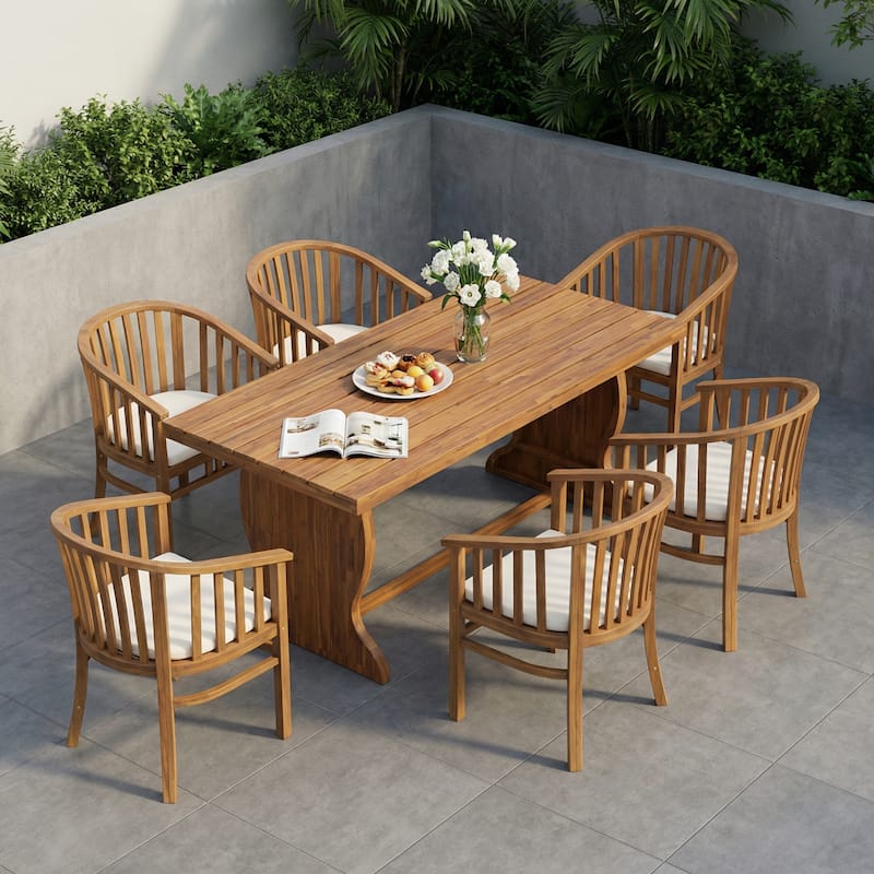 Christopher Knight Home - 7-Piece Outdoor Acacia Dining Set with Curved Back Armchairs, Slat Table & Water-Resistant Cushion