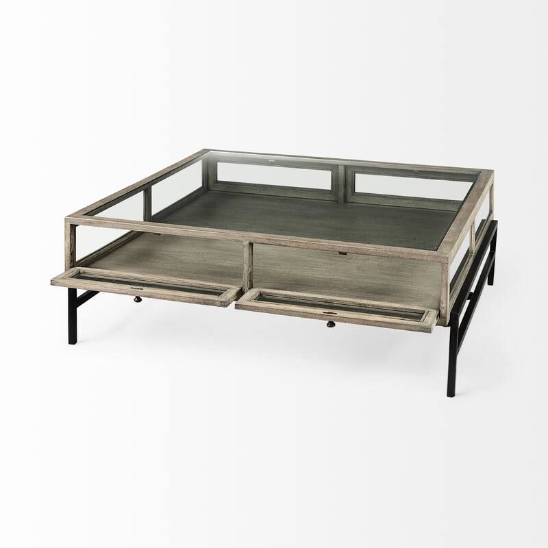 Arelius Light Brown Solid Wood w/ Black Iron Base Square Display Coffee Table