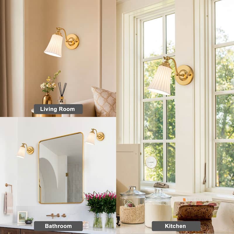 Modern Gold Wall Sconce with Fluted Ceramic Bell Shade Bathroom