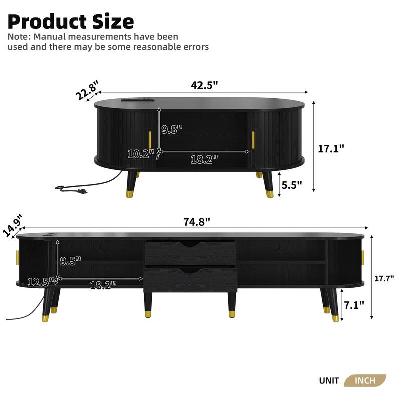 Wooden Tv Stand & Coffee Table Set With Charging Station,Sliding Doors For Tvs Up To 80",Table With Solid Wood Legs