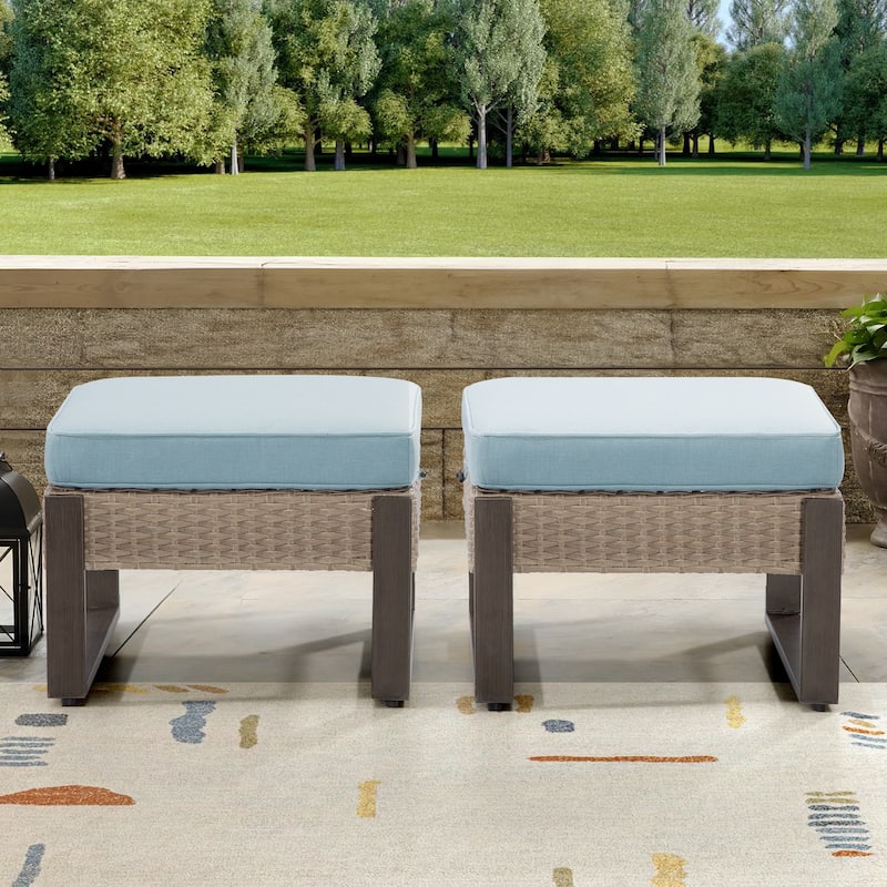 Cozywor 2-Piece Wicker Outdoor Patio Ottoman with Steel Frame and Cushions