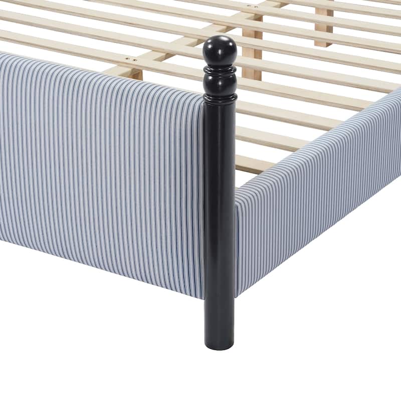 Christopher Knight Home - Modern Striped Upholstered Wood Bed Frame with High Padded Headboard & Soundproofed
