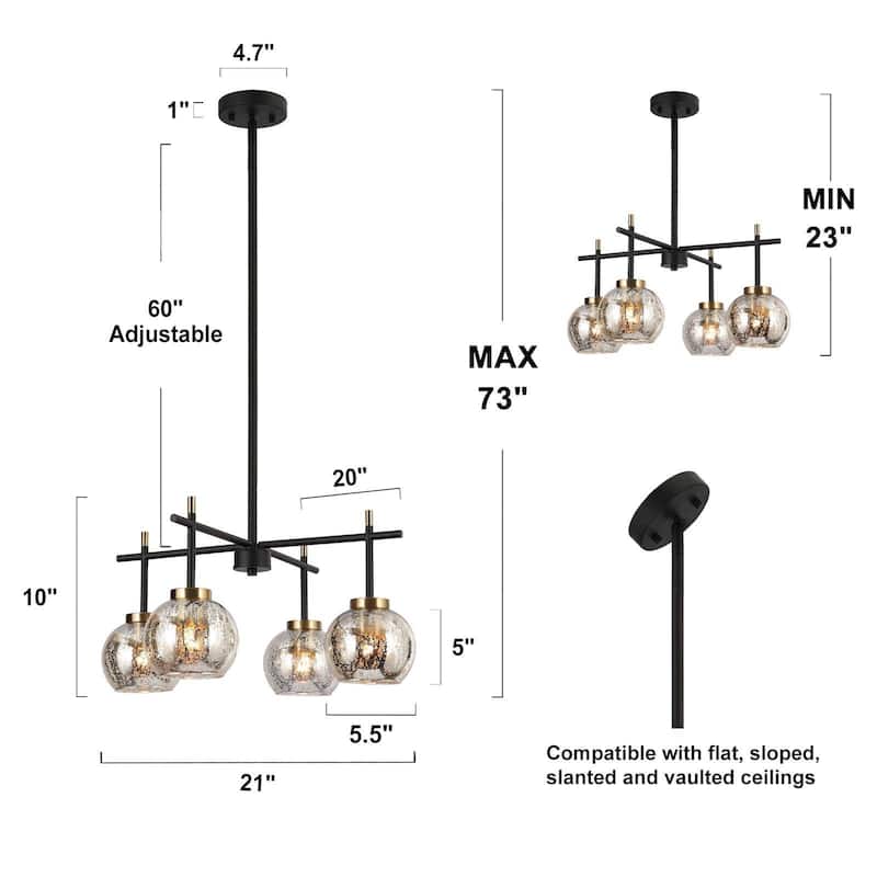 Modern 4-Light Black Gold Chandelier Mercury Glass Pendant Light for Dining Room - 21" L x 20" W x 10" H