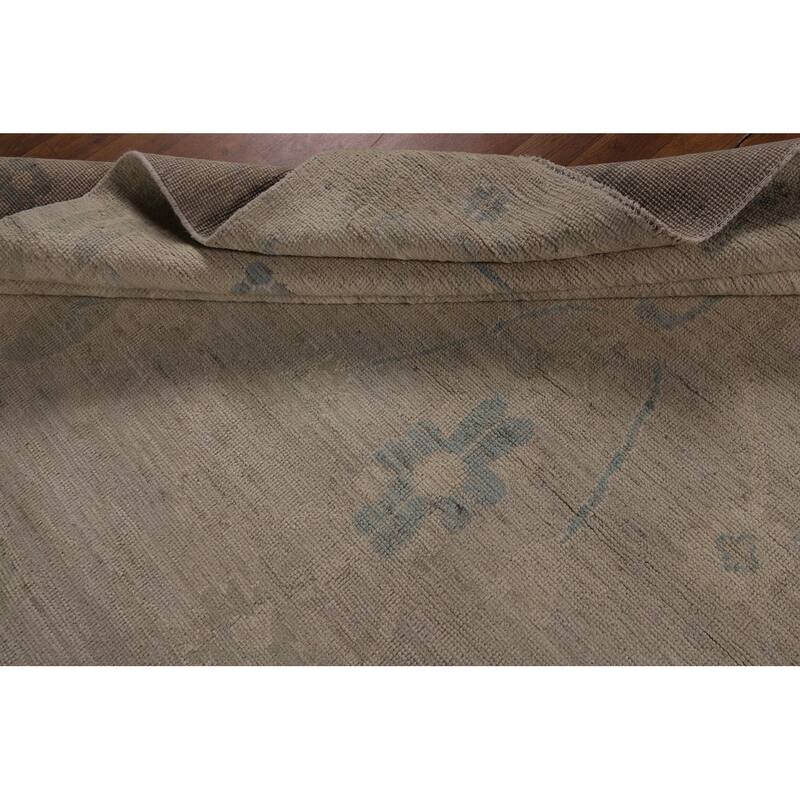 Beige Vegetable Dye Oushak Turkish Rug Hand-Knotted Floral Wool Carpet - 8'11"x 11'7"
