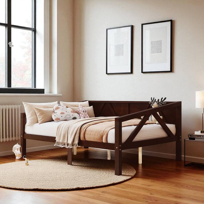 Twin/Full Size Wood Daybed Frame with Storage Space, Modern Sofa Bed with Backrest, No Box Spring Required