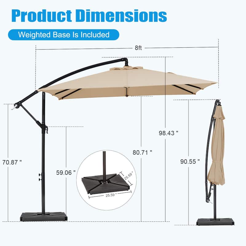 8ft×8ft Square Steel Crank-lift Cantilever Umbrella With Weighted Base