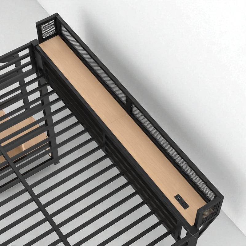 Metal Loft Bed Twin XL/Full/Queen with Storage Stairs, Built-in Wardrobe, USB Ports and LED Lights
