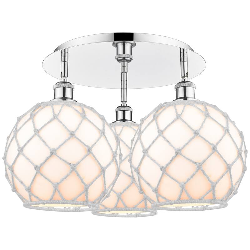 Innovations Lighting 516-3C-14-22 Farmhouse Rope Semi-Flush Farmhouse - Polished Chrome / White Glass with White Rope