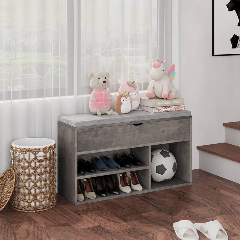 Shoe Storage Bench with a Cushioned Seat and 2 Tiers of Shelves