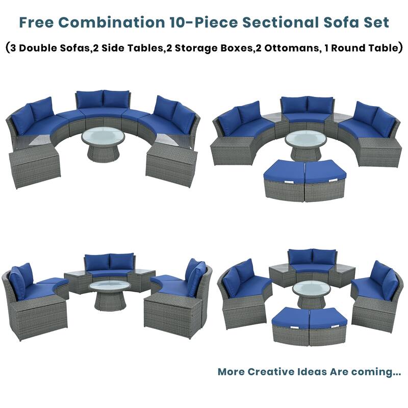 10-Pieces Half Round Patio Sofa Set with 1 Foffee Table