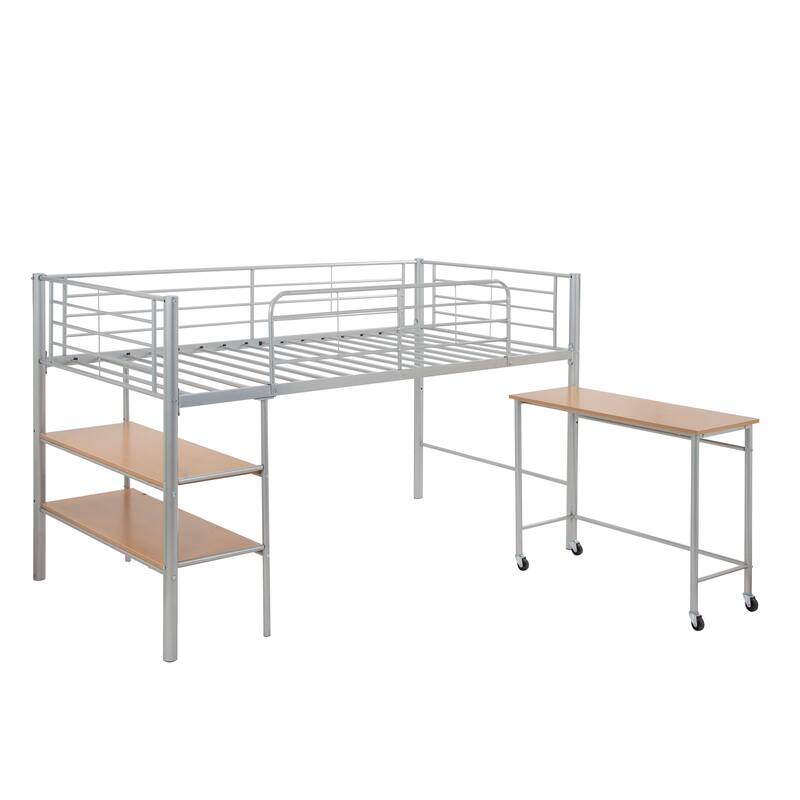 Twin Size Metal Loft Bed with Desk and Shelves