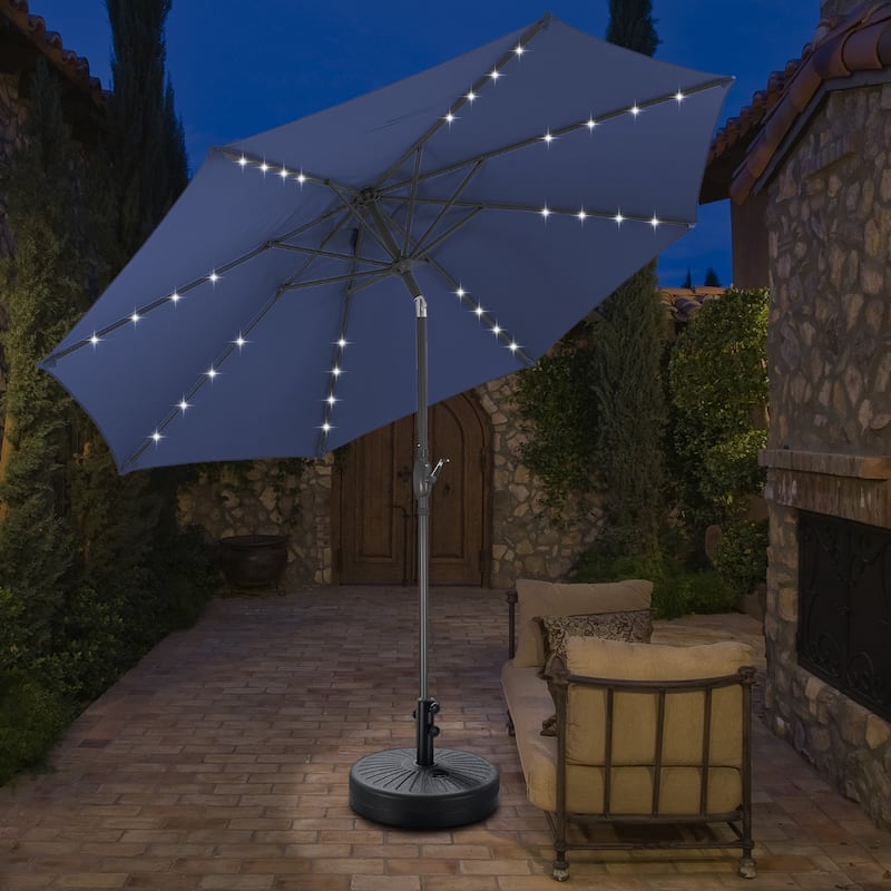 Ainfox 10ft Patio Umbrella with Lights Outdoor Solar Umbrella - Navy Blue with Base