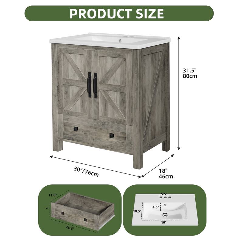 Moasis 30 Inch Farmhouse Bathroom Vanity with Sink and Barn Door Storage for Small Spaces