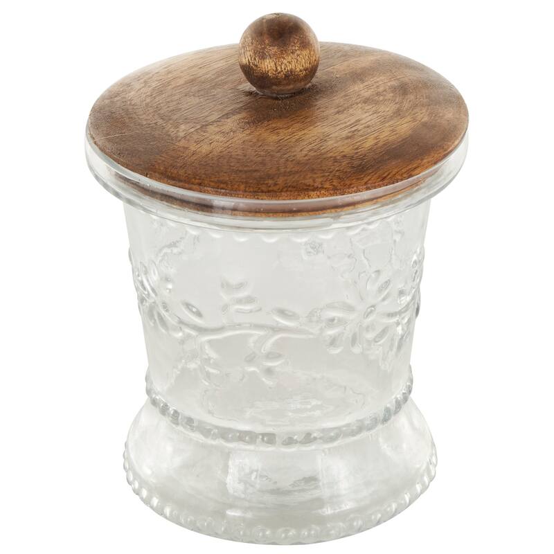 Clear Glass Beaded Floral Living Room Decorative Jars with Brown Wooden Lids and Round Knobs (Set of 2)
