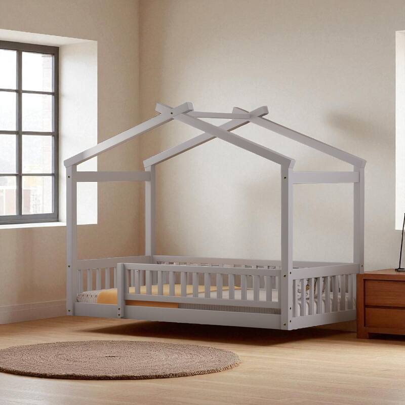 Twin/Full Size Wooden House Bed Frame with Fence and Roof, Playhouse Style for Kids and Teens - Grey - Twin