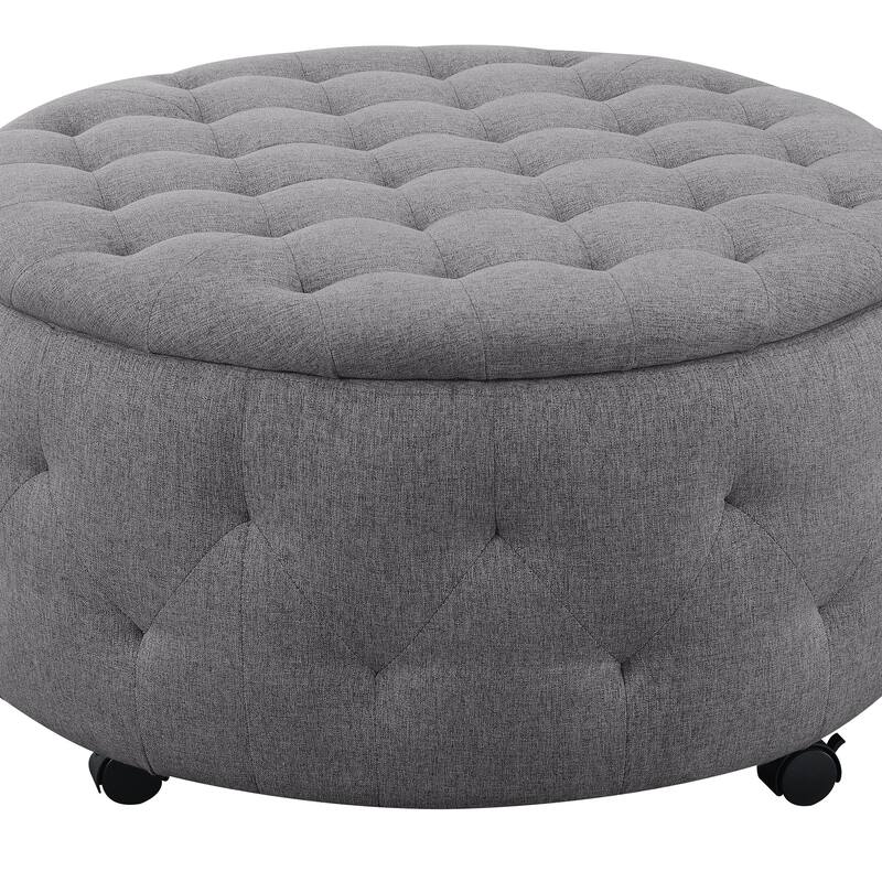 Round Rolling Storage Ottoman with Reversible Tray Top and 4 Side Ottomans, Dark Grey