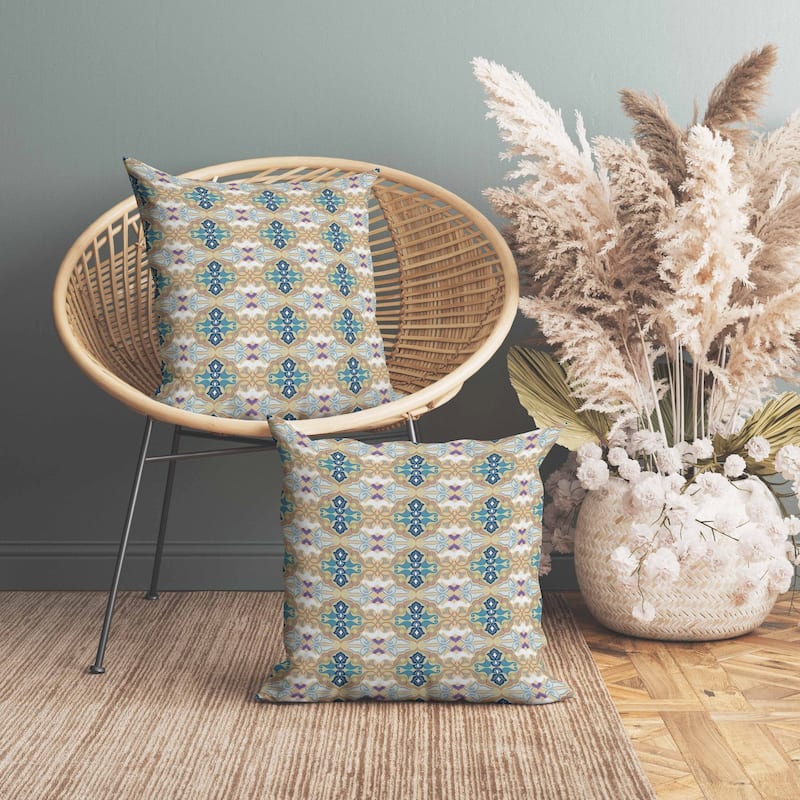 Floral Elegance Indoor/Outdoor Reversible Throw Pillow Beige and Blue