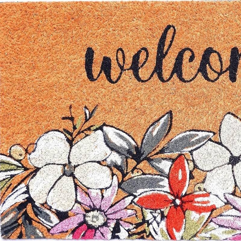 HomeRoots 24" X 36" Brown Black And White Floral Welcome Outdoor Coir Door Mat - 24.00' X '36.00